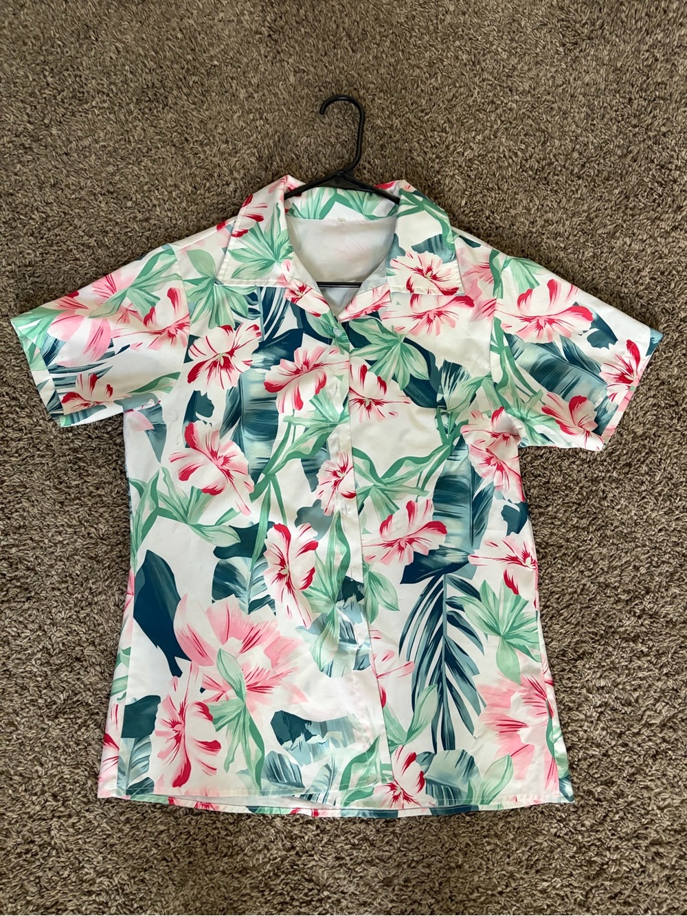 SHEIN Pink & Green Tropical Floral Short-Sleeve Button-Down Shirt